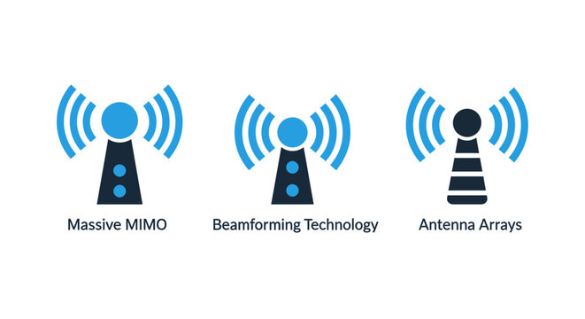 Telecommunication and network infrastructure icons set with telecommunication technology wireless broadband connectivity communication infrastructure transmitter frequency beamforming