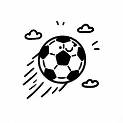 Obraz premium Whimsical soccer ball with face flies fast through sky with clouds. Simple cartoon drawing shows motion and sport. Playful graphic art for kids fun.