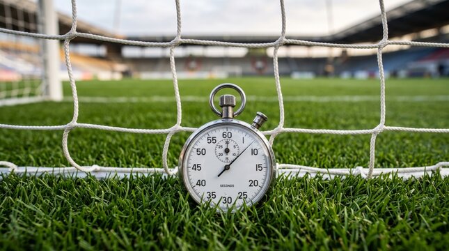 Silver analog stopwatch on green soccer grass field behind goal net in empty stadium
