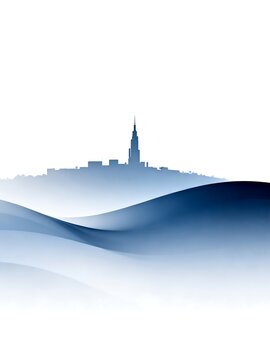 Minimalist City Skyline Over Blue Abstract Waves