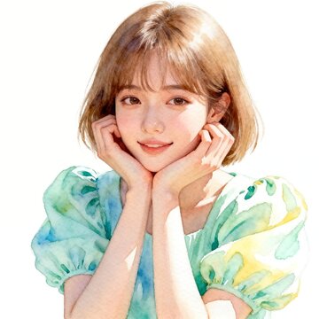 Young East Asian woman with short hair resting chin on hands gently smiling