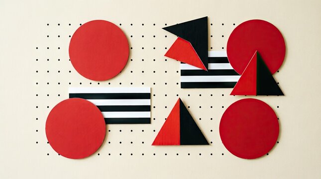 Colorful geometric shapes arranged on perforated light board