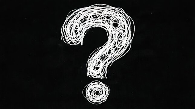 White chalk scribble of a question mark on black surface

