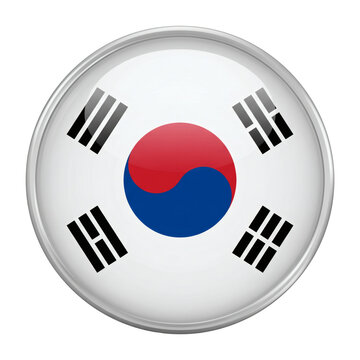 Glossy circular South Korea flag badge featuring a red and blue central circle surrounded by black trigrams suited to national identity graphics, isolated on a transparent background.