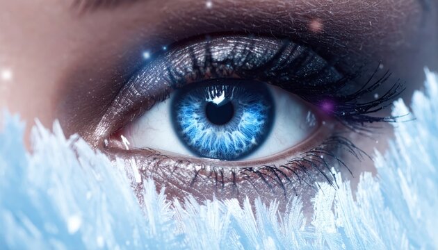close up blue eye looking at camera through icy frost with dramatic eyelashes and metallic makeup