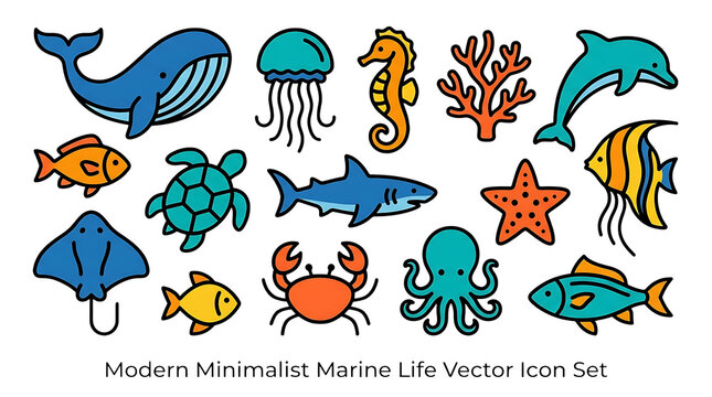 Set of cute colorful sea animal icons Vector