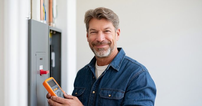 Electrician testing circuit breaker panel