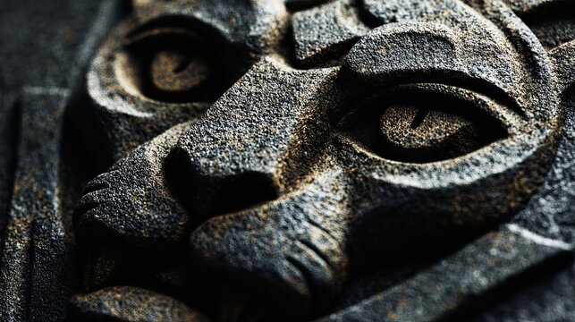Intricate stone carving of a majestic panther face featuring sharp detailed textures and cinematic lighting captured in a close focus shot