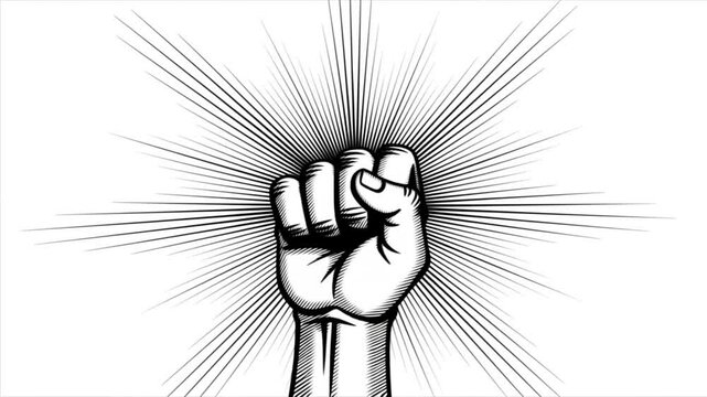 Clenched fist illustration raised against white background symbolizing strength and protest