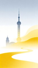 Obraz premium Stylized Illustration of Modern Urban Skyline with Curved Yellow Lines