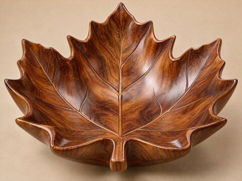 Glossy hand carved walnut wood stylized maple leaf shaped bowl with deep carved veins and lobes in burnt sienna and amber tinted lacquer on beige