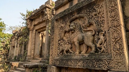 Obraz premium Ancient stone relief carving of a lion at temple ruins