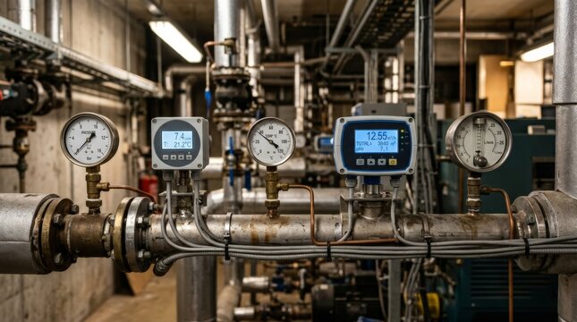 Industrial boiler room facility featuring a complex network of metallic pipes, valves, pressure gauges, and a digital water meter system displaying temperature and flow data