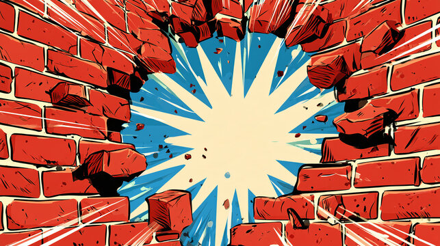 Comic book style explosion impact hole smash through red brick wall background