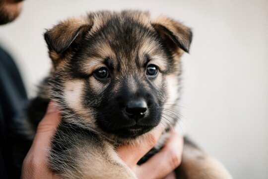 Cute wolfdog puppy held in hands. Baby German Shepherd mix dog with curious eyes and soft fur looks at camera. Indoor home setting, shallow depth of field.