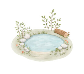Lovely lake with white stones, bushes, flowers and log, watercolor cute isolated illustration for your cartoon design poster, print, wallpapers or mural in kids room. Handmade child decoration © Nikole