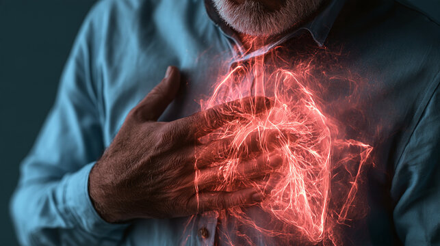 Senior man experience heart attack chest pain health emergency concept