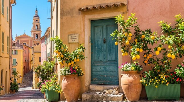 une vielle rue de Menton avec des plantes ,citron et belle vue 