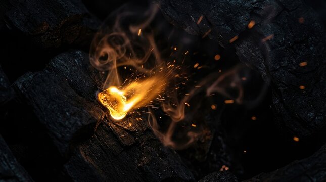 Dynamic radiant spark flutter on black concept. A glowing ember surrounded by sparks on a dark background.