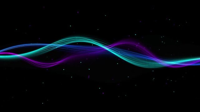 Abstract quantum filament resonance field with flowing neon light waves on a dark starry background