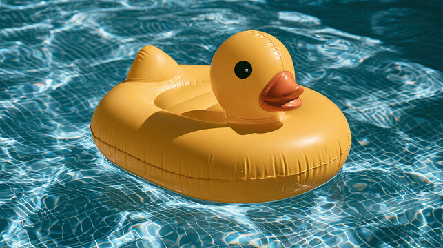 Bright yellow inflatable rubber duck toy floating in a clear blue pool