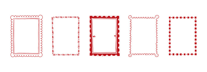 Obraz premium Doodle stamp frames ornament hand drawn set. Rectangle wave line postal border illustrations for wedding, greeting cards and party invitation. Whimsical corrugated simple label retro design collection