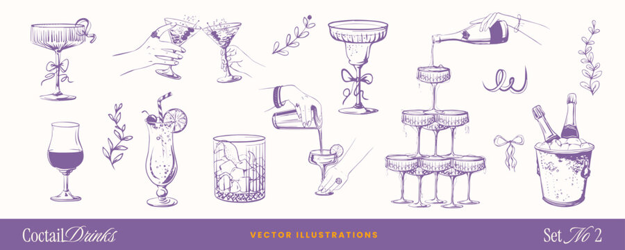 Cocktail glass drink doodle sketch icons with Champagne wine bottle, Wedding Martini glass, ribbons, bows elements. Hand-drawn vintage vector whimsical illustrations for bachelorette party invitation