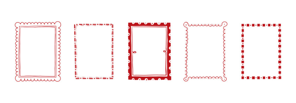 Doodle stamp frames ornament hand drawn set. Rectangle wave line postal border illustrations for wedding, greeting cards and party invitation. Whimsical corrugated simple label retro design collection