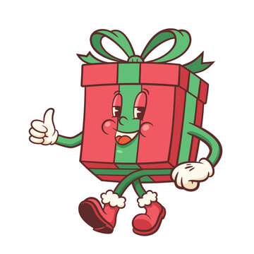Christmas Groovy Gift Box Retro Character Illustration. Cartoon Decorative Personage smiling showing thumb up gesture. Vector Winter Holiday Mascot Template Happy Vintage Cool New Year Doodle Isolated
