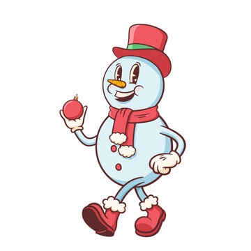 Groovy Christmas Retro Snowman Character Illustration walking and smiling. Cartoon Vector Winter Holiday Mascot Template. Happy Vintage Cool New Year Personage Illustration Doodle Isolated