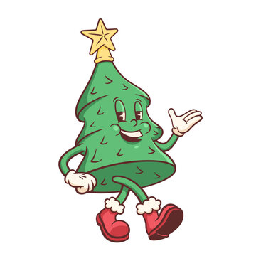 Christmas Groovy Pine Retro Character Illustration. Cartoon Xmas Tree Decorative Personage. Vector Winter Holiday Spruce Mascot Template with Star Topper. Happy Vintage Cool New Year Doodle Isolated