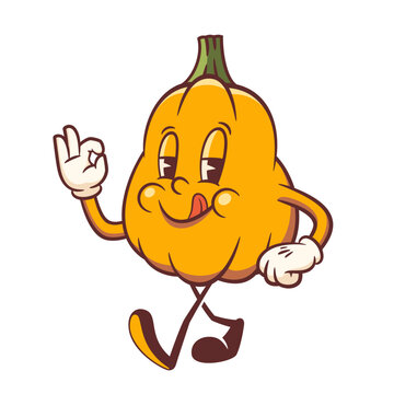 Halloween Groovy Pumpkin Retro Character. Cartoon Jack O Lantern Walking and Smiling showing OK gesture. Vector Autumn Holiday Mascot Template. Happy Vintage Cool Illustration Isolated