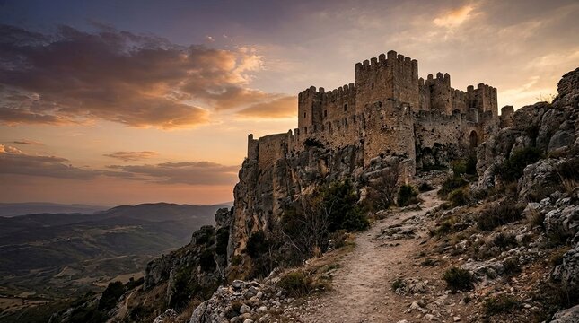 Medieval castle on rocky cliff at sunset