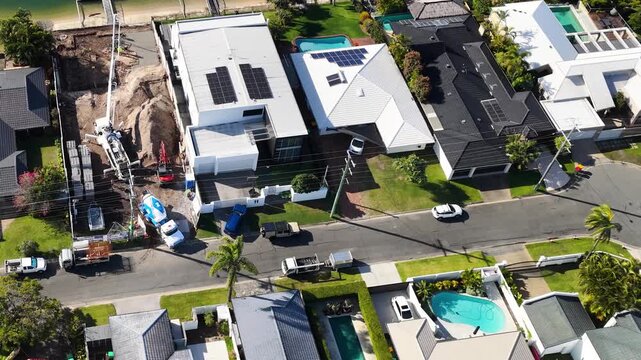 Aerial View of Concrete Pumping at Luxury Waterfront Construction Site