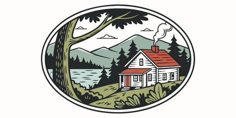 Obraz premium Vintage style oval badge illustration of a rustic cabin in a mountain forest landscape with rustic cottage