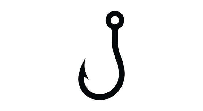 Black fishing hook silhouette against a white background
