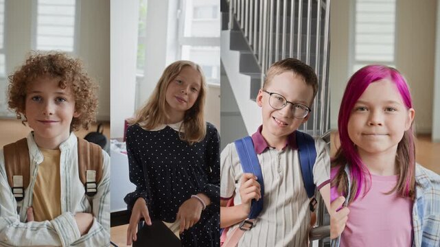 Portrait of Caucasian schoolchildren smiling at camera in split screen video. Footage fits back to school advertising, education campaigns, and academic promos