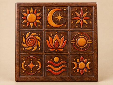 Glossy hand carved walnut wood square Navratri nine goddess symbol plaque with stylized icons in three by three grid with saffron lacquer details on beige