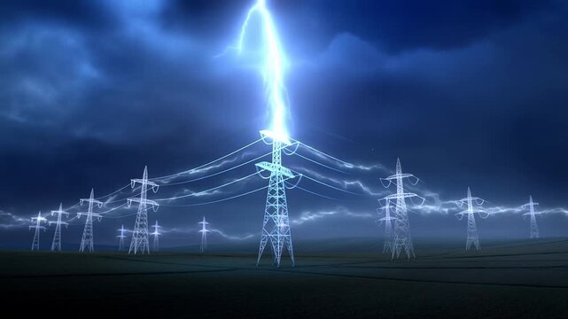 Power transmission towers stand across dark fields beneath storm clouds and lightning