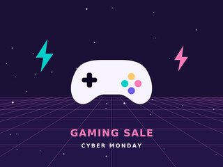 Cyber Monday sale flat vector illustration with a game controller with lightning bolts on a neon grid © Ngoc Doanh