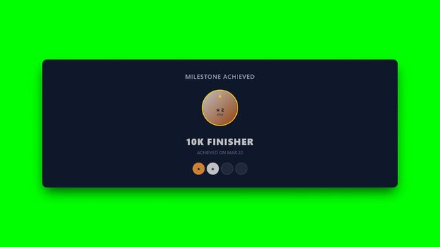 Animated workout milestone achieved celebratory achievement badge on green screen