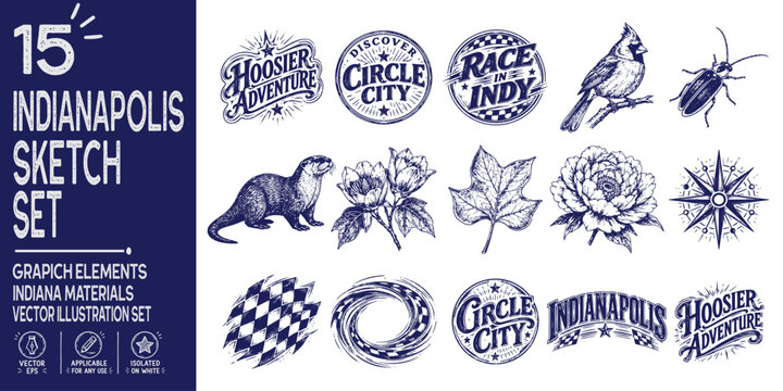 Indianapolis Indiana Vintage Travel Graphic Elements, Indy 500 Racing Typography, Circle City Badges, Hoosier Floral and Wildlife Illustrations