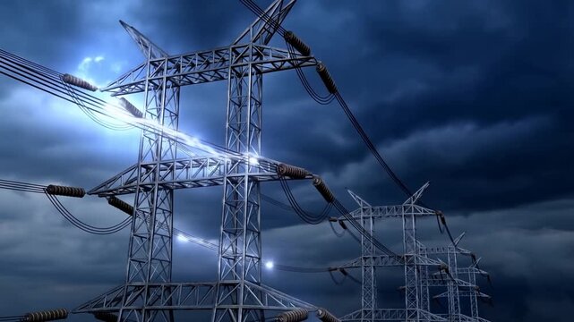 High Voltage Power Lines and Electricity Transmission Towers During Storm