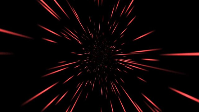 Dynamic fast-paced motion graphic loop showing a red hyperspace warp speed effect through space. Features bright glowing red light streaks rushing toward the viewer. Ideal for sci-fi, fast action, gam