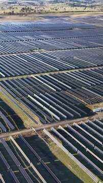Aerial View of Large Scale Solar Farm Power Plant