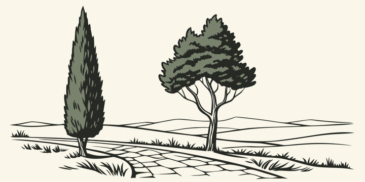 Graphic illustration of a cypress tree and a leafy tree bordering a cobblestone path with stone walkway