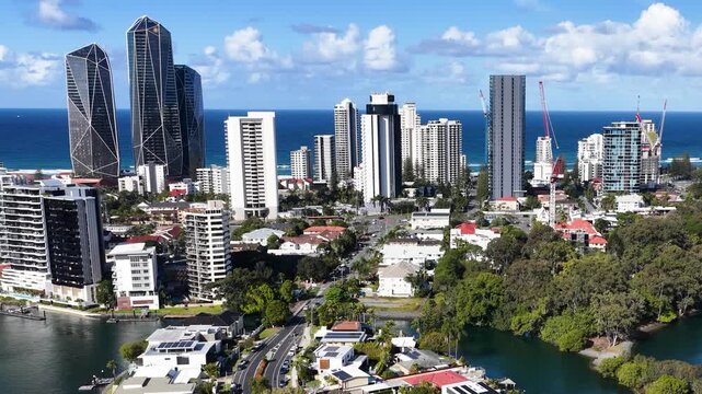 Aerial View of Surfers Paradise Skyline and Coastal Waterways