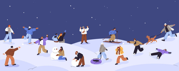 Obraz na płótnie Canvas People play outdoors in winter. Friends and families with children have fun at Christmas. Characters make snowman, play snowballs, ski and slide on sled. People in snow park in evening scene.