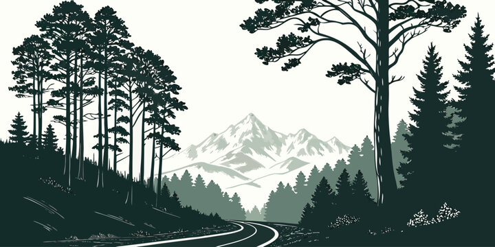 Mountain landscape illustration with pine forest and winding road in retro monochrome style mountain range road trip