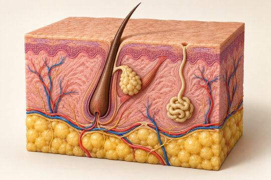 Human skin layers with hair follicle and sweat gland in 3D